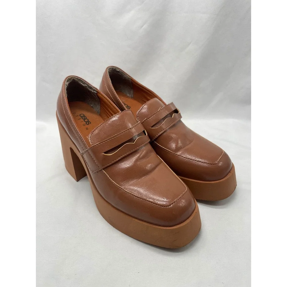 ASOS‎ DESIGN Profile Chunky High Heeled Loafer In Tan Size 40/9